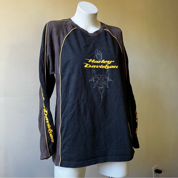 Harley Davidson | Vintage 90s Long Sleeve Pin Stripe Piping Tee Shirt - Picture 2 of 8
